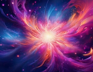 Wall Mural - pink star explosion against a deep blue background with swirling purple and orange hues vibrant colo