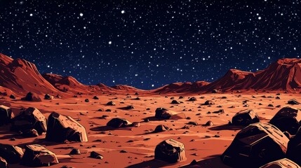 mars surface, alien planet landscape, cartoon background with red desert, rocks crater and stars shi
