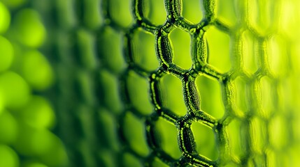 Extreme close-up macro photograph of green mesh or net material showing detailed hexagonal pattern structure with soft bokeh background, abstract geometric texture design.