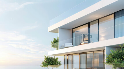 A modern white building with a balcony overlooking the ocean.