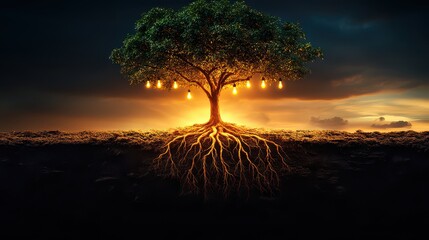 Poster - Illuminated tree roots, sunset landscape, concept art