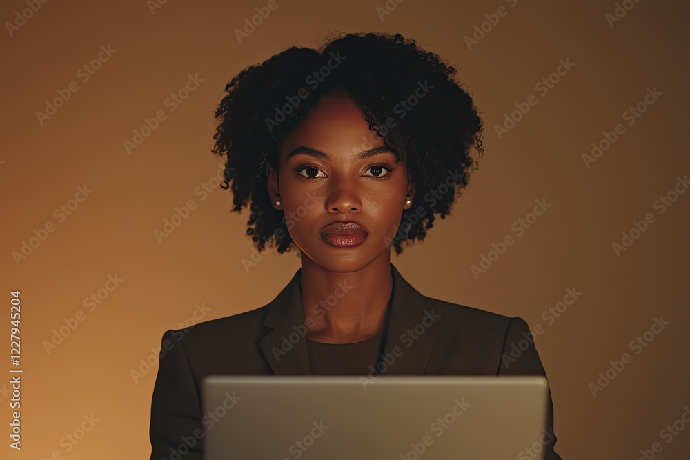 close-up photo of black woman in power suit typing on laptop framed by ...