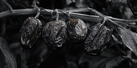 Four dried fruit pods hanging on a tree