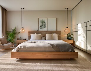 Wall Mural - this stylish bedroom showcases a natural wood bed frame soothing color palette ambient lighting and modern decor ideal for relaxation