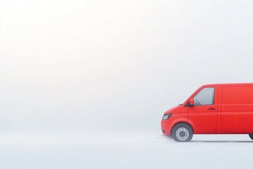 close-up of compact red snow-clearing truck with smooth lines clearing snow from residential drivewa