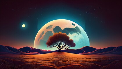 Wall Mural - landscape with moon and tree