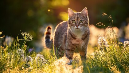 Wall Mural - curious cat exploring nature in the sunlight