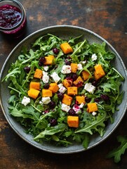 Poster - This fresh spinach salad is topped with roasted sweet potatoes, cranberries, and blue cheese, making it a delicious and nutritious choice for autumn meals.