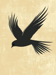 Poster - Black silhouette of a bird soaring against a textured beige background during a calm daylight. Generative AI