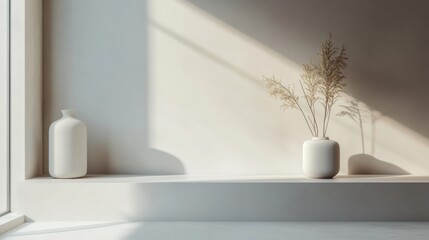 Aufkleber - Minimalist interior design featuring decorative vases and natural elements in soft afternoon light. Generative AI