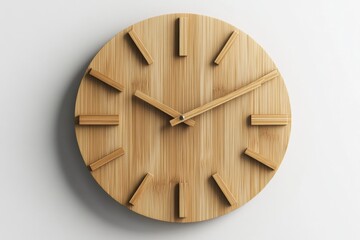 Poster - Wooden wall clock with minimalist design and clear hour markers hanging on a white wall. Generative AI