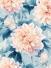 Poster - Colorful floral wallpaper with pink flowers and green leaves on light blue background.