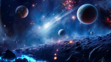 Flight through stars and blue nebula in space. Galaxy exploration through outer space to the glowing Milky Way galaxy. High quality 4k footage. Parade of paneths in the universe, stars and cosmic body