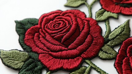 close-up red rose embroidery patch detailed threadwork, lush texture, floral motif, craft embroidery