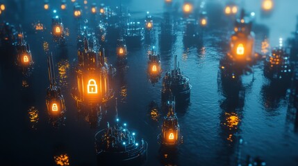 Wall Mural - a cityscape with many buildings and a large number of glowing locks