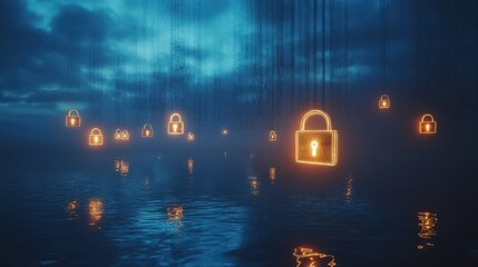 Wall Mural - a series of glowing locks hanging from the ceiling in a dark room