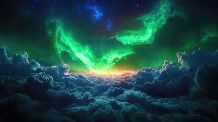 Wall Mural - cosmic display of green aurora over mystical cloud landscape