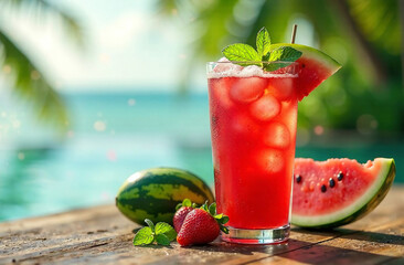 Wall Mural - Refreshing summer drink with watermelon and mint on wooden table