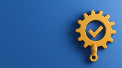 A yellow gear icon with a checkmark on a blue background symbolizing quality and approval.