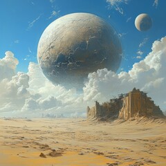 Wall Mural - a painting of a desert with a large planet in the sky and two smaller planets