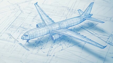 Fototapete - Technical blueprints showcase detailed design of a modern airplane in a creative engineering layout. Generative AI