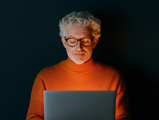Poster - Retro-Chic Virtual Collaboration Mature Man in Vibrant Knitwear Using Laptop - Commercial Remote Work Trends for Digital Workforce Efficiency and Connectivity