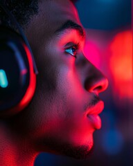 Aufkleber - Cutting-Edge Digital Focus South Asian Male Esports Athlete with Noise-Canceling Headphones in Dynamic Gaming Arena - Precision Sports Performance and Interactive Gaming Engagement