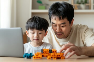 Fototapete - STEM Tinkering Experience Father-Son Duo Assembling Colorful Educational Robot Kits in Cozy Living Room - Interactive Tech Learning and Digital Skill Development