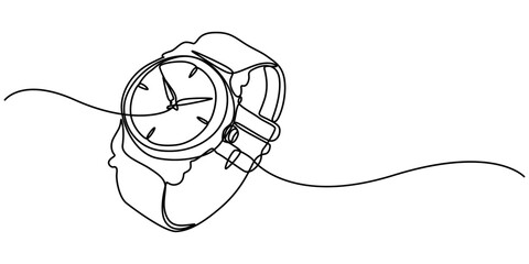 hand watch continuous one line drawing, Vector illustration of hand watch isolated on white background for kids coloring book, Watch one line continuous. Line art watch isolated on transparent pro.