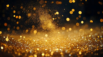 Wall Mural - golden dust shimmering bokeh. glowing gold glitter particles abstract background, warn festive overl
