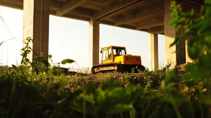 Poster - Industrial Urban Design Vibrant Construction Machinery Amidst Lush Greenery Under Concrete Structures - Advancing Eco-Friendly Urban Planning and Infrastructure Marketing
