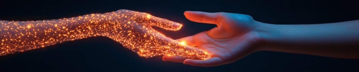 Fototapete - Futuristic Human-Machine Synergy Glowing Circuitry on Hands in Digital Binary Stream - AI Integration and Automation for Tech Industry Innovation
