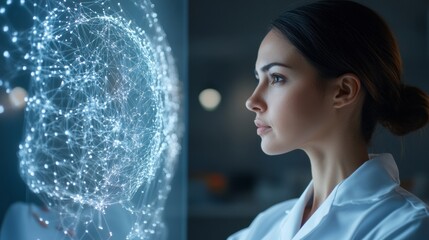 Poster - Futuristic Science Concept Latina Scientist in Lab Coat Analyzes Glowing Digital Visualization - Innovation in Technology and Urban Development with Enhanced Visualization Techniques