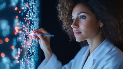 Aufkleber - Futuristic Equation Board Latina Scientist, 40, in Lab Coat Analyzing Innovative Tech Visuals for Urban Development - Empowering Research and Commercial Solutions