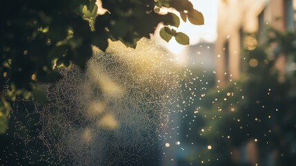 Wall Mural - A tree with leaves and a spider web in the middle