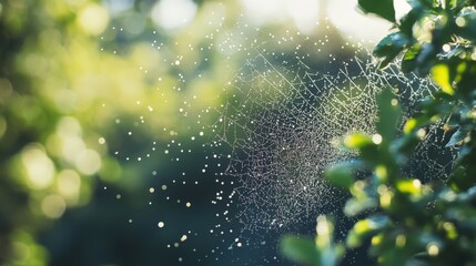 A spider web is seen in the foreground of a lush green forest
