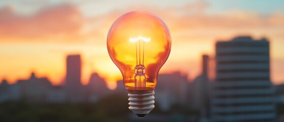 Fototapete - Urban Sunset Innovation Glowing Light Bulb Symbolizes Sustainable Energy Solutions - Vibrant Skyline for Modern Green Advertising in Eco-Tech Industries