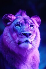 Wall Mural - lion with vivid purple hues, looking intently forward.