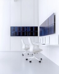 Fototapete - Sleek Tech Control Room Modern Data Monitoring in White Minimalist Space with Interactive Video Wall - Business Innovation and Real-Time Decision Support for Meteorology