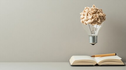 Aufkleber - Modern Ideation Display Floating Origami Light Bulb Above Open Book with Pen on Minimalist Surface - Creative Education and Innovative Workspace Decor