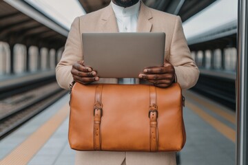 Fototapete - Smart-Casual Commuter Middle Eastern Man With Laptop on Sleek Train Platform - Remote Work Efficiency and Urban Design for Modern Business Mobility
