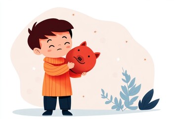 Poster - A flat, 2D cartoon of a child holding an empty piggy bank, shaking it upside down with a sad expression, set against a white background