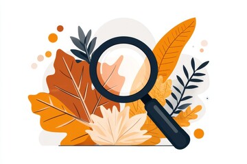 Aufkleber - A flat, simple design of a plant leaf with bold outlines and a magnifying glass over it, illustrating the concept of identifying nature