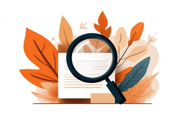 Aufkleber - A flat, simple design of a plant leaf with bold outlines and a magnifying glass over it, illustrating the concept of identifying nature