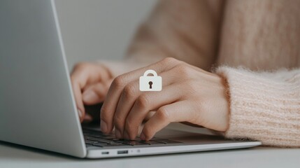 Aufkleber - Minimalist Cybersecurity in Professional Workspace Close-Up Typing Hands on Matte Laptop with Digital Padlock Icon - Enhancing Data Integrity in Modern Business Settings