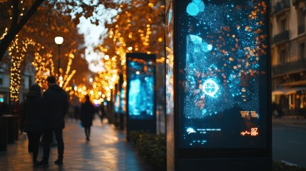 Wall Mural - a couple walking down a street with a large blue screen in the background