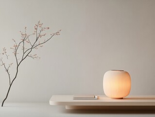 Poster - Modern Harmony Korean Lantern on Smooth Wooden Desk with Minimalist Stationery - Cultural Aesthetics for Contemporary Workspace Design