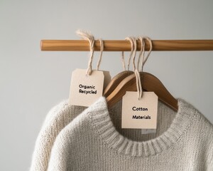 Poster - Modern Capsule Wardrobe Neutral Toned Clothing on Wooden Rack Featuring Organic Cotton and Recycled Materials Tags - Eco-Friendly Retail and Sustainable Fashion Branding