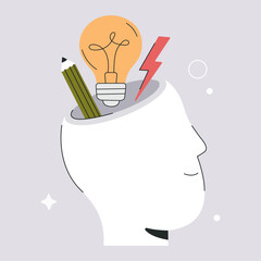 Open mind finding creative ideas or learning concept, brainstorm for business. Happy smiling person with light bulb in brain. Human head silhouette, vector illustration isolated on abstract background