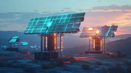 Wall Mural - A futuristic solar panel array is lit up at night